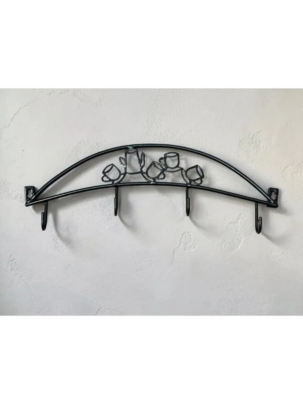 Black Metal Wall-Mounted Coffee-Themed Hook Rack With 4 Hooks